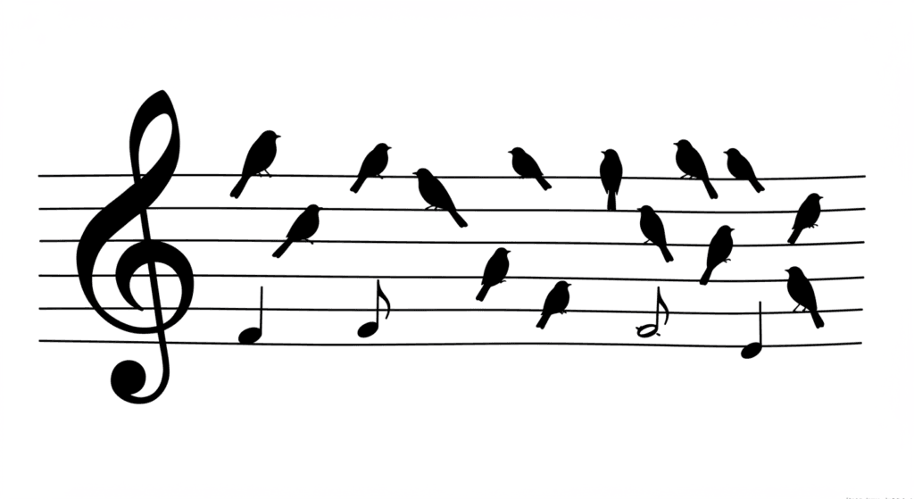 ¿Los animales disfrutan la música? Lo que dice la ciencia sobre su sensibilidad sonora 2 "Aves en pentagrama musical. Ilustración en blanco y negro que muestra un pentagrama con una clave de sol y siluetas de pájaros posados en las líneas. Representación creativa de la música y la naturaleza. Diseño gráfico para amantes de la música y la ornitología. Música de pájaros."