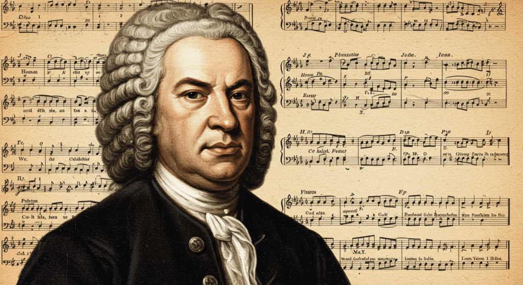 ¿Quién fue Johann Sebastian Bach? La vida y legado de un genio musical 6 "Retrato de Johann Sebastian Bach sobre un fondo de partituras musicales antiguas. Imagen que representa el legado musical del compositor clásico. Ideal para contenido sobre música, historia y compositores barrocos. Diseño accesible y optimizado para buscadores."