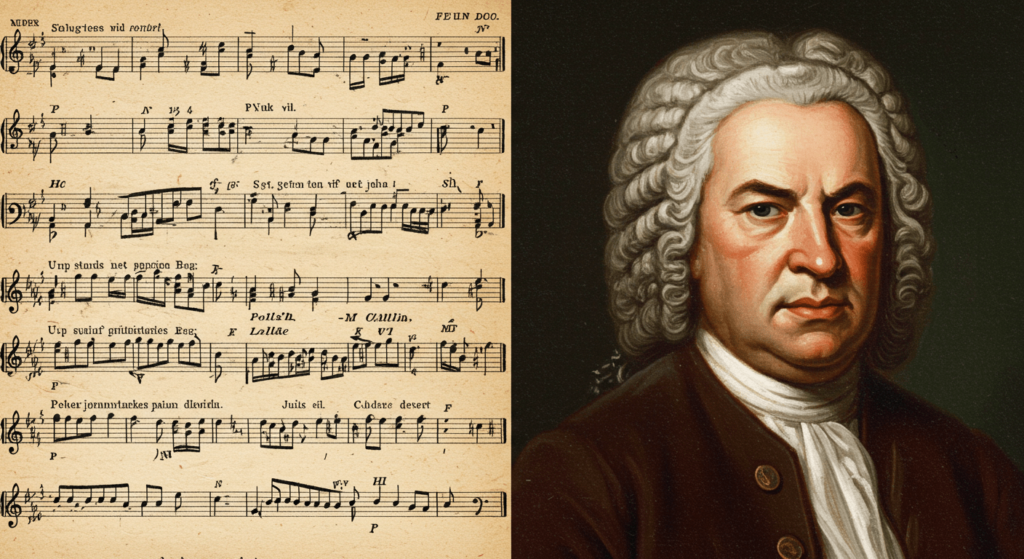 ¿Quién fue Johann Sebastian Bach? La vida y legado de un genio musical 4 "Retrato de Johann Sebastian Bach sobre un fondo de partituras musicales antiguas. Imagen que representa el legado musical del compositor clásico. Ideal para contenido sobre música, historia y compositores barrocos. Diseño accesible y optimizado para buscadores."