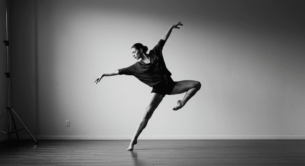 La danza: una expresión artística que conecta cuerpo, alma y emociones 5 "Fotografía en blanco y negro de una bailarina en movimiento, vistiendo ropa oscura sobre un fondo neutro. Imagen de danza contemporánea y expresión corporal. Ideal para promover clases de baile y la creatividad en el movimiento."