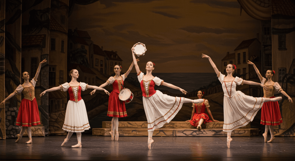 La danza: una expresión artística que conecta cuerpo, alma y emociones 2 "Grupo de bailarinas de ballet en el escenario con trajes blancos y rojos, representando una obra. Imagen de una función de ballet clásico con fondo de paisaje marino. Ideal para promover eventos culturales y la belleza del ballet."