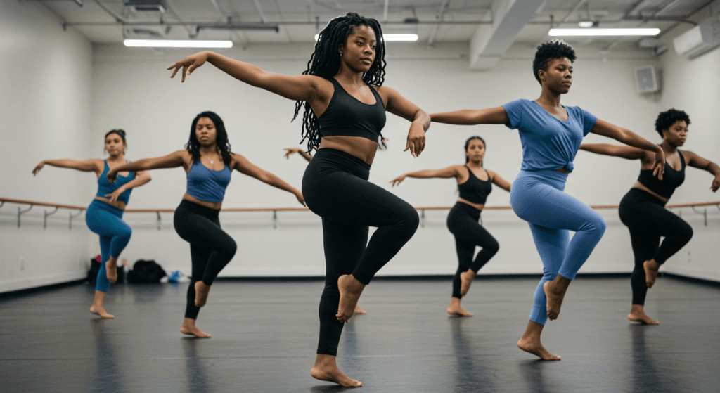 La danza: una expresión artística que conecta cuerpo, alma y emociones 3 "Grupo de bailarinas ensayando en un estudio de danza, vestidas con ropa deportiva en tonos azules, morados y negros. Imagen de la práctica y disciplina del baile moderno. Ideal para promover clases de danza contemporánea y la diversidad en las artes."
