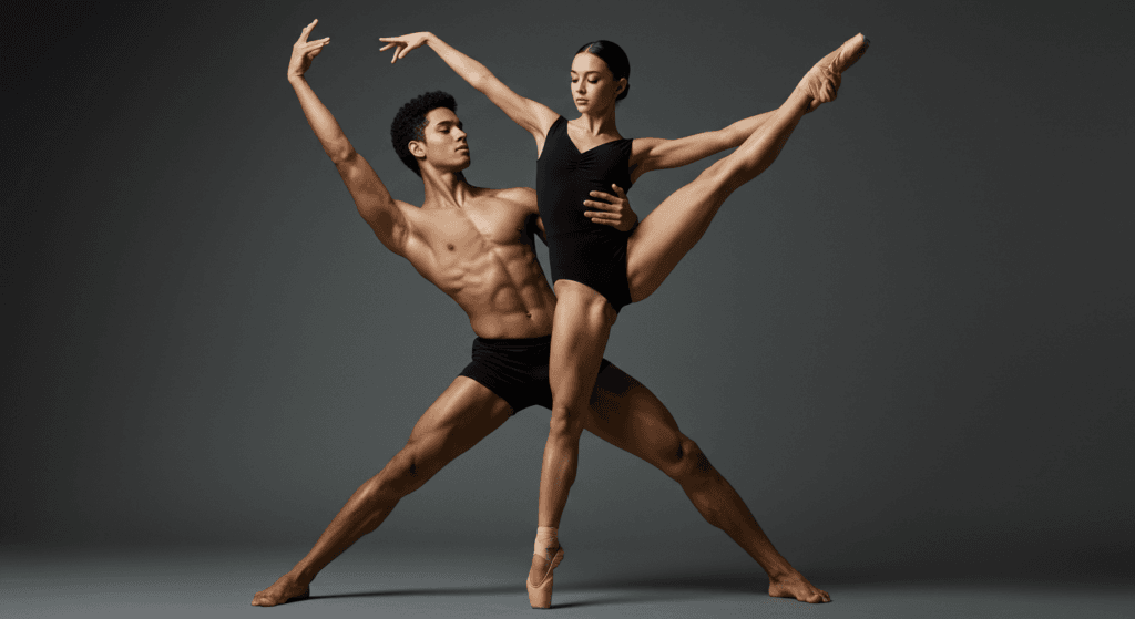 La danza: una expresión artística que conecta cuerpo, alma y emociones 7 "Pareja de bailarines realizando un difícil paso de ballet con poses dinámicas sobre fondo gris. La imagen resalta la fuerza y flexibilidad de ambos artistas. Ideal para promover la danza, las artes escénicas y el talento físico."