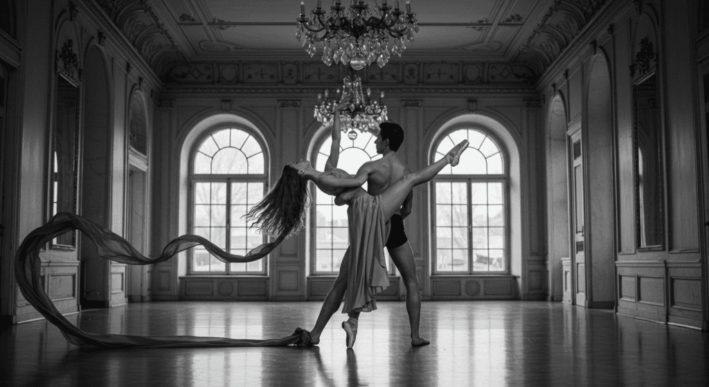 Fotografía en blanco y negro de una pareja de bailarines de ballet en un salón ornamentado. Danza, arte y elegancia en una imagen conmovedora. Accesible para personas con discapacidad visual.