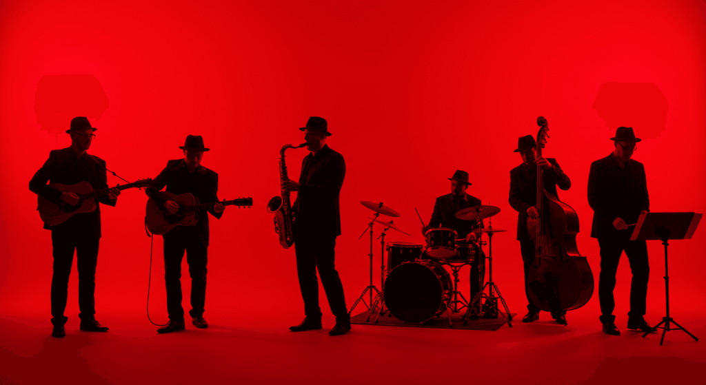 ¿Por qué nos gusta la música? La ciencia detrás de nuestra conexión con el ritmo 3 "Silueta negra de una banda de jazz tocando instrumentos (guitarra, saxofón, contrabajo, trompeta, batería) sobre un fondo rojo intenso. Imagen para ilustrar música de jazz, conciertos y eventos musicales. Accesible y optimizada para SEO."