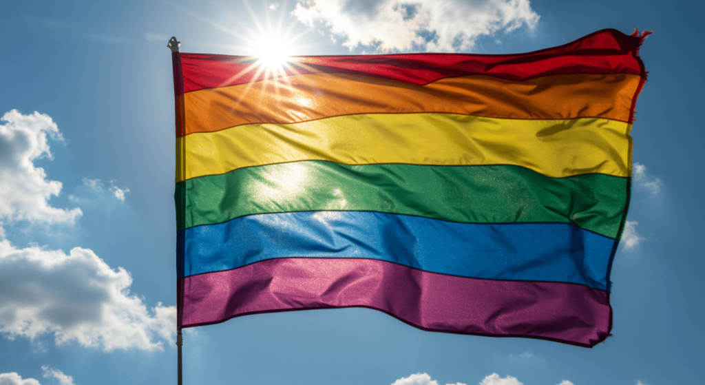 ¿6x1?: ¿Cómo sería un mundo sin religiones? 3 Bandera del orgullo LGBT ondeando al viento contra cielo azul. Imagen de símbolo de diversidad sexual y derechos. Celebración y visibilidad de la comunidad LGBTQ+. Bandera arcoíris con sol brillante.