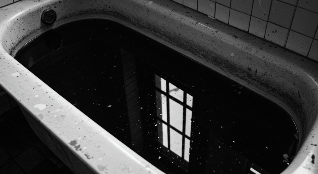 Los juegos paranormales más aterradores que nadie debería jugar 5 Bañera sucia con agua oscura. Imagen en blanco y negro de una tina abandonada con ambiente desolado.