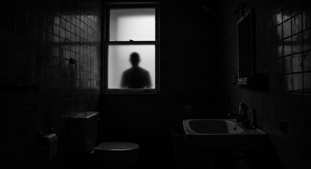 Los juegos paranormales más aterradores que nadie debería jugar 6 Sombra misteriosa en baño antiguo. Imagen oscura de baño con silueta espectral y ambiente inquietante.