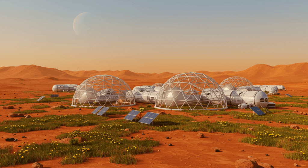 Marte: el planeta rojo y su fascinante relación con la Tierra 7 Base marciana futurista con domos geodésicos transparentes, vegetación y paneles solares. Representación de la colonización de Marte. Accesible para personas con discapacidad visual.