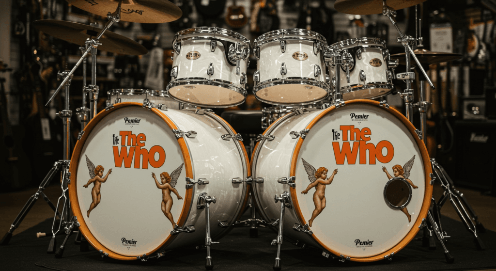 Los 5 instrumentos musicales más caros del mundo y sus historias 3 "Batería musical con diseños personalizados de la banda The Who. Imagen accesible sobre música, instrumentos musicales y diseño artístico."