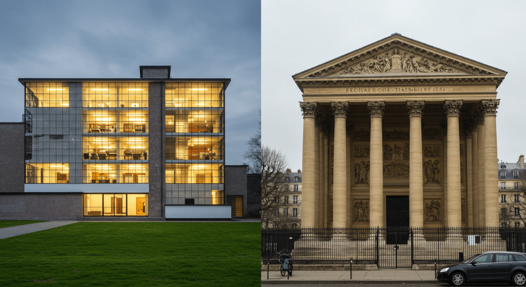 Estilos arquitectónicos: una guía a través de los movimientos más influyentes de la historia 4 "Bauhaus Dessau e Iglesia Madeleine. Comparativa arquitectónica entre el diseño moderno de la Bauhaus en Dessau y la iglesia neoclásica de la Madeleine en París. Arquitectura siglo XX. Monumentos históricos."