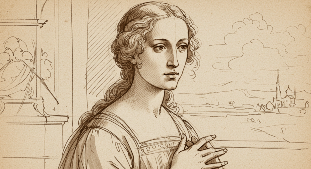 ¿Por qué la Mona Lisa es tan famosa? El misterio detrás de La Gioconda 4 Boceto sepia de una mujer, posible estudio para un retrato renacentista. Dibujo a tinta con detalles arquitectónicos en el fondo. Accesible para personas con discapacidad visual.