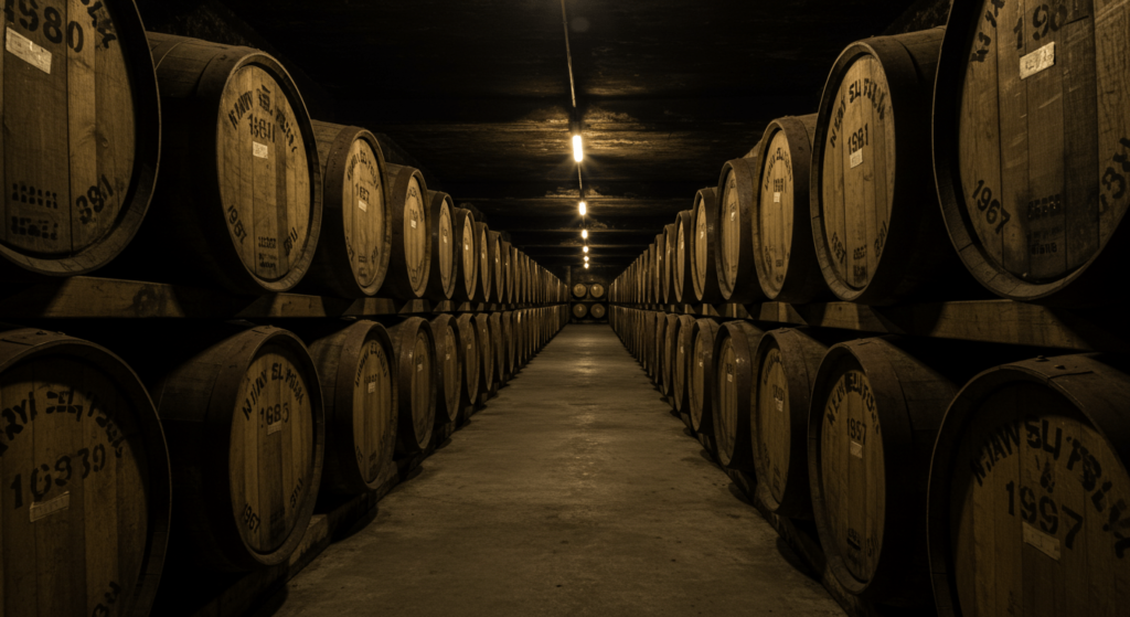 Whisky en el cuerpo: Efectos positivos de su consumo moderado 2 Bodega de añejamiento oscura con hileras de barricas o toneles de madera apilados, utilizados para madurar whisky u otros licores, iluminados por una luz tenue cenital.