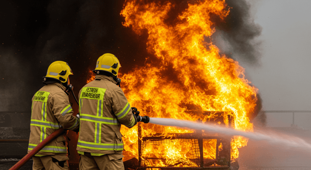 ¿6x1?: ¿Por qué existen los años bisiestos? 3 Bomberos combatiendo un incendio con agua. Imagen de bomberos utilizando una manguera para extinguir un fuego, destacando su valentía y labor en la protección contra incendios y la seguridad ciudadana.