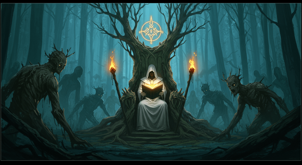 Halloween: El origen y los misterios de la Noche de los Muertos 2 Escena fantástica y oscura de un bosque con un mago en un trono de árbol rodeado de criaturas grotescas. Iluminación dramática y atmósfera misteriosa.