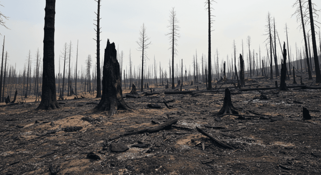 Cómo ha evolucionado la deforestación y qué significa para el medioambiente 7 Imagen de un bosque quemado con árboles carbonizados y suelo cubierto de ceniza. Representación visual de un incendio forestal y su impacto ambiental. Fotografía de desastres naturales, fuego, devastación forestal.