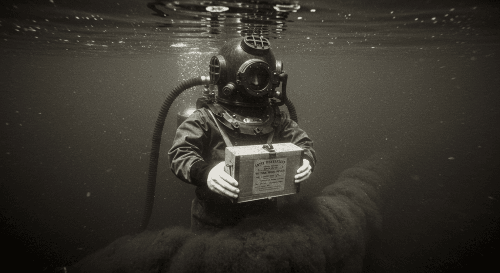 El arte de la fotografía: más que una imagen, una ventana al mundo 6 "Fotografía antigua en blanco y negro de un buzo sumergido bajo el agua con equipo de buceo clásico. Imagen histórica que muestra la tecnología de buceo temprana. Ideal para ilustrar la historia del buceo y la exploración submarina."