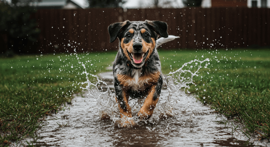 ¿Por qué tu perro actúa así? Explicaciones curiosas sobre su comportamiento 6 Cachorro corriendo y chapoteando en charco. Imagen de perro feliz jugando al aire libre en día lluvioso. Diversión canina y mascotas activas