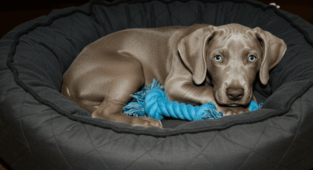 ¿Por qué tu perro actúa así? Explicaciones curiosas sobre su comportamiento 7 Cachorro Weimaraner descansando en cama para perros. Imagen de mascota con pelaje gris plateado y ojos azules claros. Perros y mascotas durmiendo