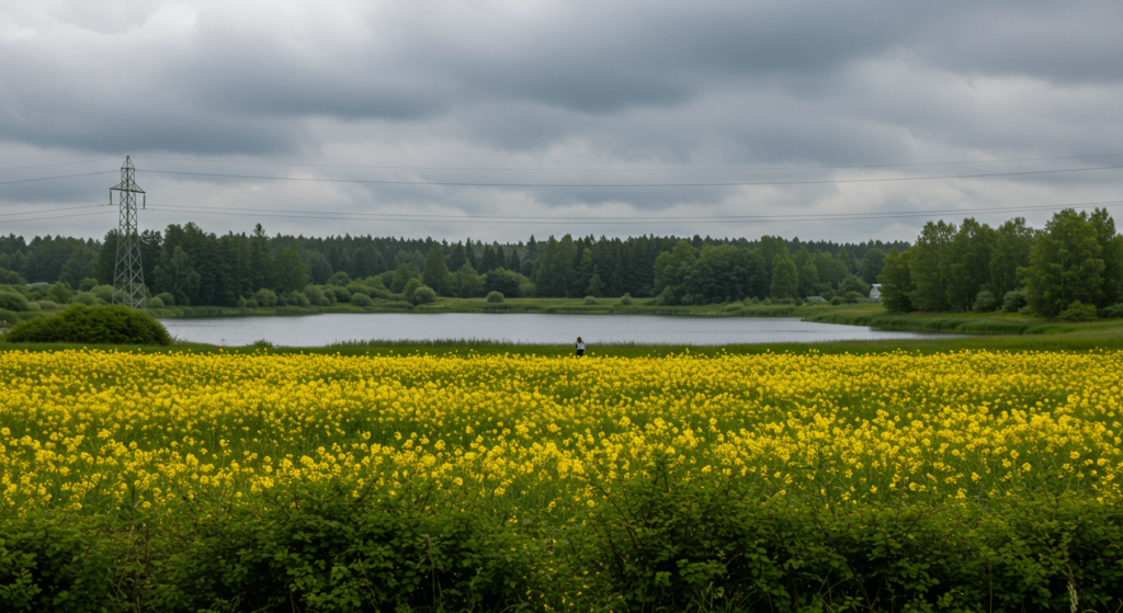 Alexander Pichushkin, el “Maníaco del Martillo”: La historia del asesino del ajedrez 3 Paisaje con campo de flores amarillas y lago. Vista panorámica de pradera con vegetación y persona en la distancia. Escena natural con flores silvestres y bosque.