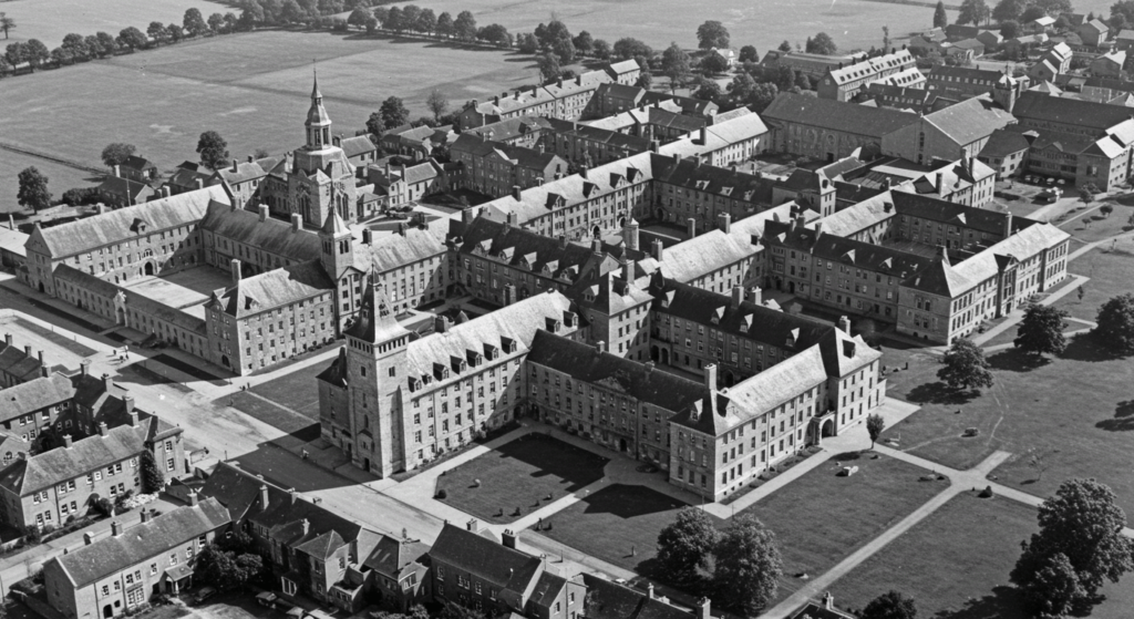 ¿Quién fue Edgar Allan Poe? Un vistazo a la vida y misterio del maestro del terror (Parte 1) 4 Fotografía aérea antigua de campus universitario o academia militar en blanco y negro. Arquitectura histórica. Accesibilidad web.