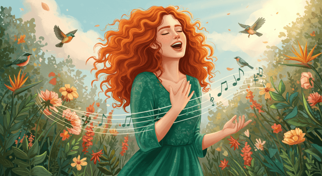 ¿Por qué nos gusta la música? La ciencia detrás de nuestra conexión con el ritmo 7 "Ilustración colorida de una joven pelirroja cantando en un jardín florido, con aves volando alrededor y notas musicales flotando en el aire. Imagen ideal para representar música, naturaleza, alegría y talento artístico. Diseño accesible y optimizado para buscadores."
