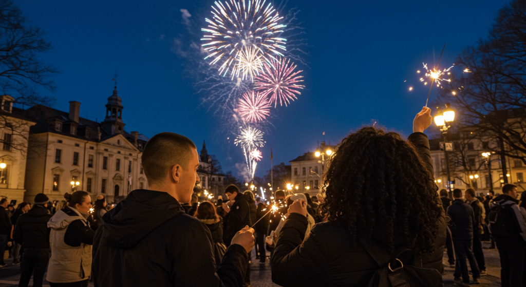 ¿6x1?: ¿En qué año estamos realmente? 5 Celebración con fuegos artificiales. Imagen de gente disfrutando de un espectáculo de pirotecnia nocturno con bengalas en la mano. Ambiente festivo y urbano.