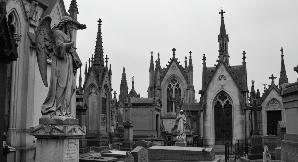 El Turismo Negro: Explorando los destinos más oscuros del mundo 7 Imagen en blanco y negro de un cementerio antiguo con ángel de piedra y arquitectura gótica. Transmite solemnidad y memoria. Ideal para contenido sobre historia, arte funerario y el Día de Muertos.
