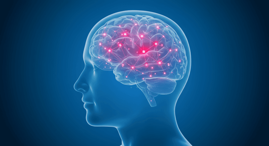 Ritmo y movimiento: la razón por la que tu cabeza se mueve sola con la música 3 "Representación gráfica del cerebro humano con nodos luminosos que simbolizan la actividad neuronal. Imagen accesible sobre neurociencia, salud mental y ciencia cognitiva."
