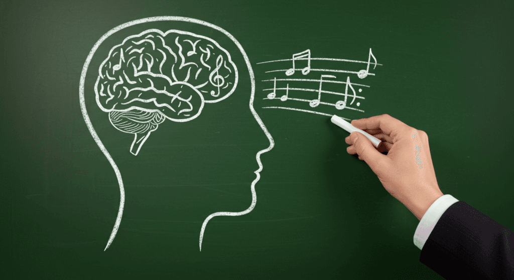 Melodías atrapantes: ¿Por qué algunas canciones no salen de nuestra cabeza? 2 "Dibujo con tiza de un cerebro humano con notas musicales en una pizarra verde. Imagen accesible sobre música, aprendizaje, educación y neurociencia."