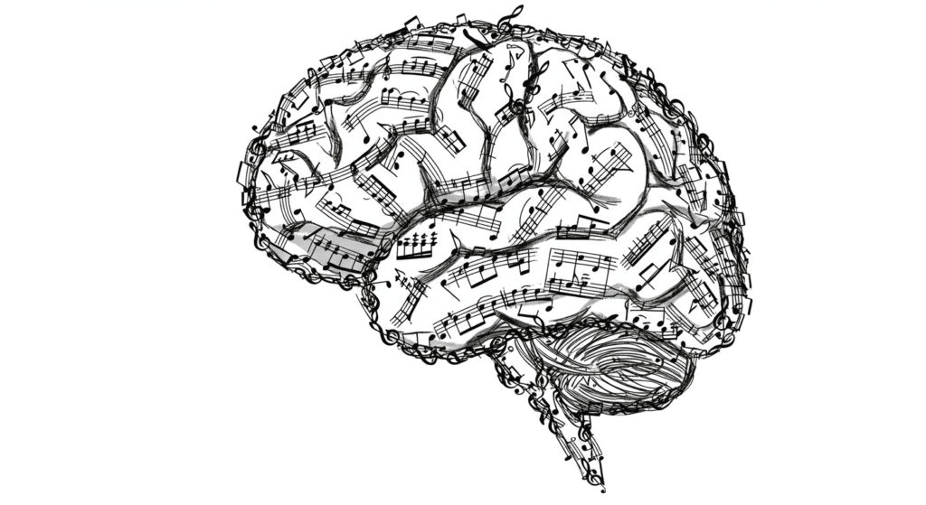 Ritmo y movimiento: la razón por la que tu cabeza se mueve sola con la música 6 "Ilustración de un cerebro humano formado por notas y pentagramas musicales. Imagen accesible sobre música, neurociencia y la relación entre la música y el cerebro."