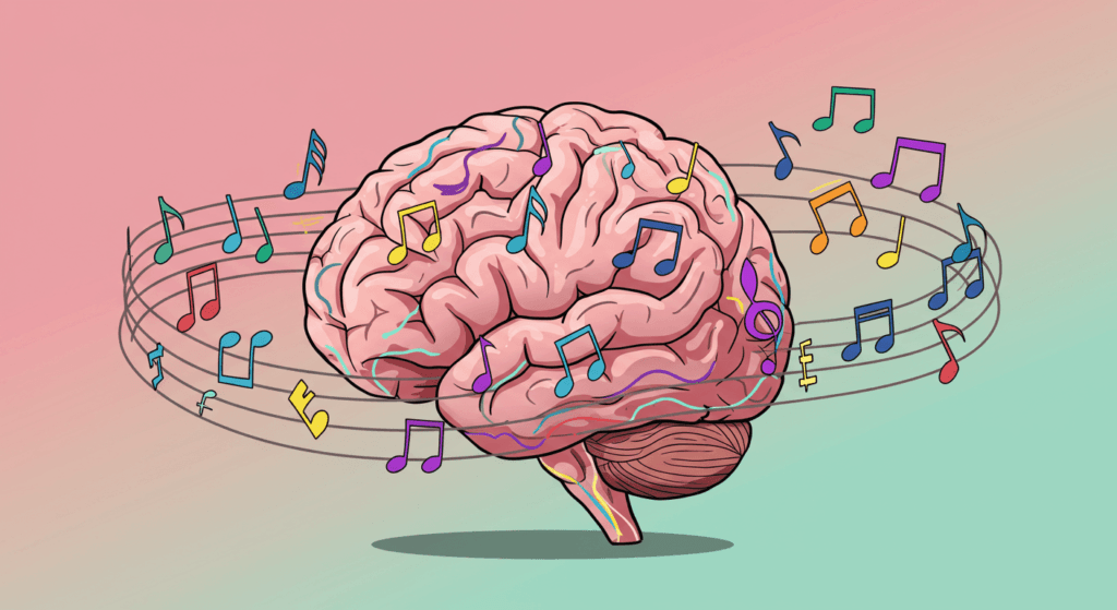 Melodías atrapantes: ¿Por qué algunas canciones no salen de nuestra cabeza? 7 "Ilustración del cerebro humano rodeado de notas musicales coloridas. Imagen accesible sobre neurociencia, música y creatividad."