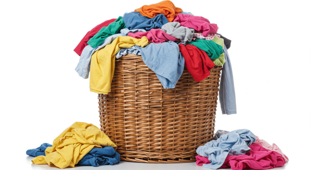 Si algo puede salir mal, saldrá mal: el origen de la Ley de Murphy 3 Cesto de ropa sucia lleno de prendas coloridas. Montón de ropa para lavar en canasta de mimbre. Imagen de tareas domésticas y desorden. Ropa variada incluyendo calcetines tirados.