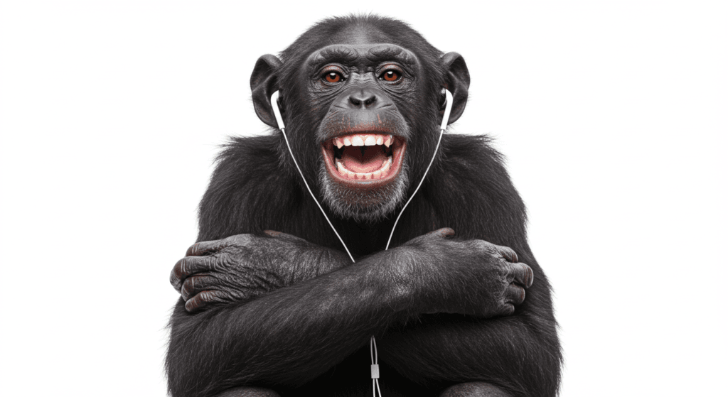 ¿Los animales disfrutan la música? Lo que dice la ciencia sobre su sensibilidad sonora 3 "Chimpancé escuchando música. Imagen de un chimpancé con auriculares y expresión de alegría, abrazándose a sí mismo. Retrato divertido de un primate disfrutando de la música. Foto de animal con tecnología. Mono feliz."