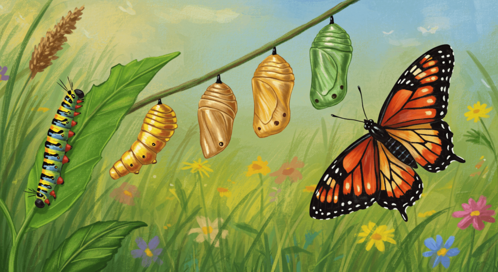 La metamorfosis: cómo transforma la vida de los animales y por qué es clave para su supervivencia 4 Ilustración del ciclo de vida de la mariposa Monarca: oruga comiendo, crisálidas colgando y mariposa adulta en un campo florido. Diseño educativo sobre la metamorfosis