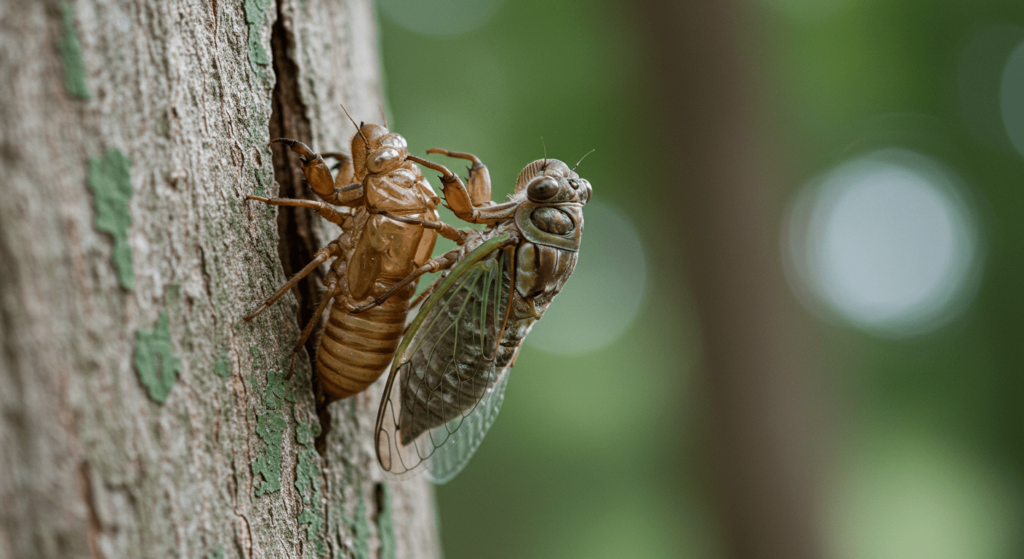 La metamorfosis: cómo transforma la vida de los animales y por qué es clave para su supervivencia 2 Cigarra emergiendo de su exoesqueleto sobre la corteza de un árbol. Fotografía macro que muestra el proceso de metamorfosis de la cigarra