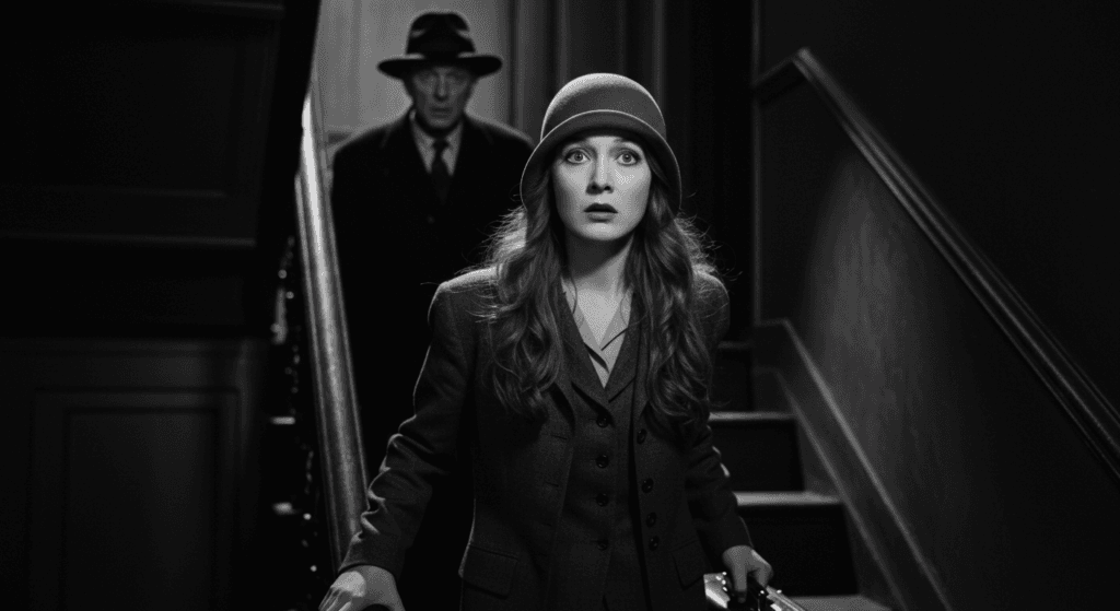 Fotografía en blanco y negro de una mujer amenazada en una escalera, estilo cine negro. Suspenso, peligro e intriga en una escena dramática. Accesible para personas con discapacidad visual.