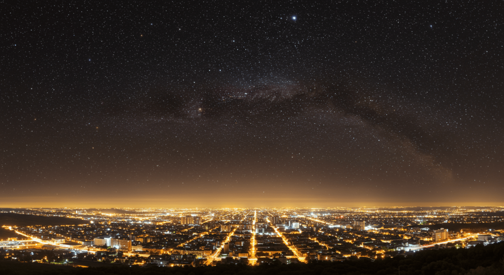¿Por qué la Tierra no tiene anillo? Explicación científica del fenómeno planetario 2 Visión nocturna de la ciudad bajo el cielo estrellado con la Vía Láctea. Imagen para astronomía y paisajes urbanos nocturnos. Accesibilidad web.