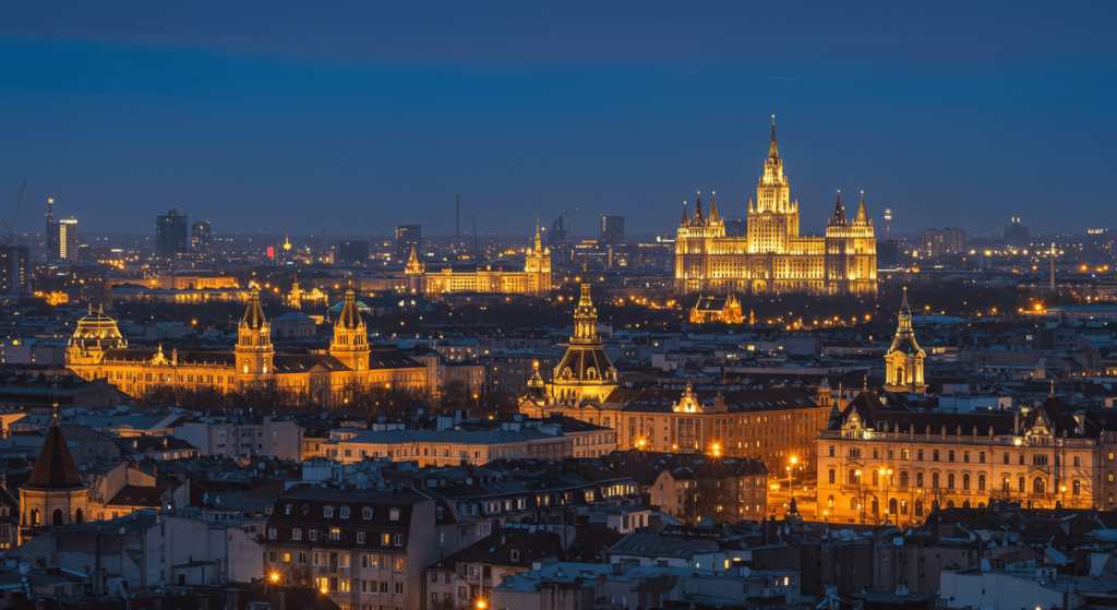 Alexander Pichushkin, el “Maníaco del Martillo”: La historia del asesino del ajedrez 1 Vista nocturna de la ciudad con edificios iluminados. Paisaje urbano de noche con rascacielos y luces brillantes. Imagen de skyline urbano al anochecer.