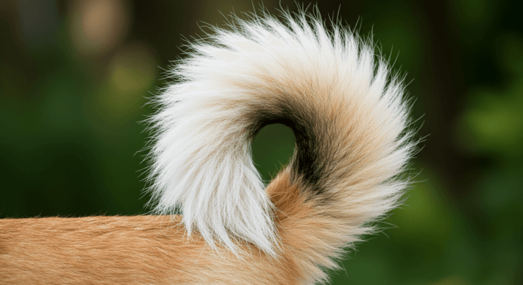 ¿Qué hay detrás del comportamiento de tu perro? Descubre las causas de sus actitudes 2 "Primer plano de la cola rizada de un perro con pelaje blanco y marrón, sobre un fondo verde borroso. Imagen divertida y tierna de la parte trasera de un perro. Ideal para contenido relacionado con mascotas, animales y el cuidado canino."