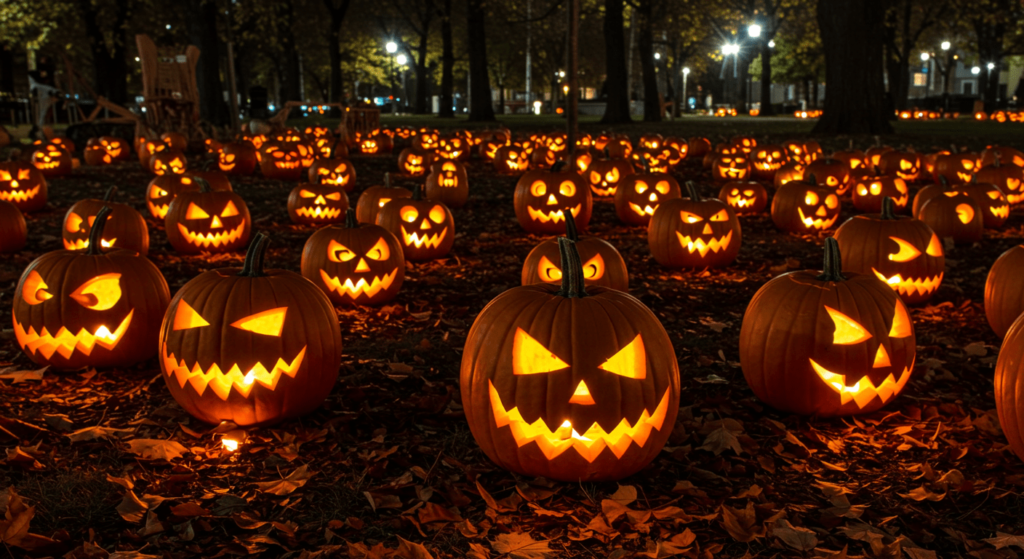 Halloween: El origen y los misterios de la Noche de los Muertos 7 Conjunto de calabazas talladas e iluminadas para Halloween, con diferentes expresiones, colocadas en el suelo entre hojas caídas. Ambiente festivo de noche de brujas en un parque.