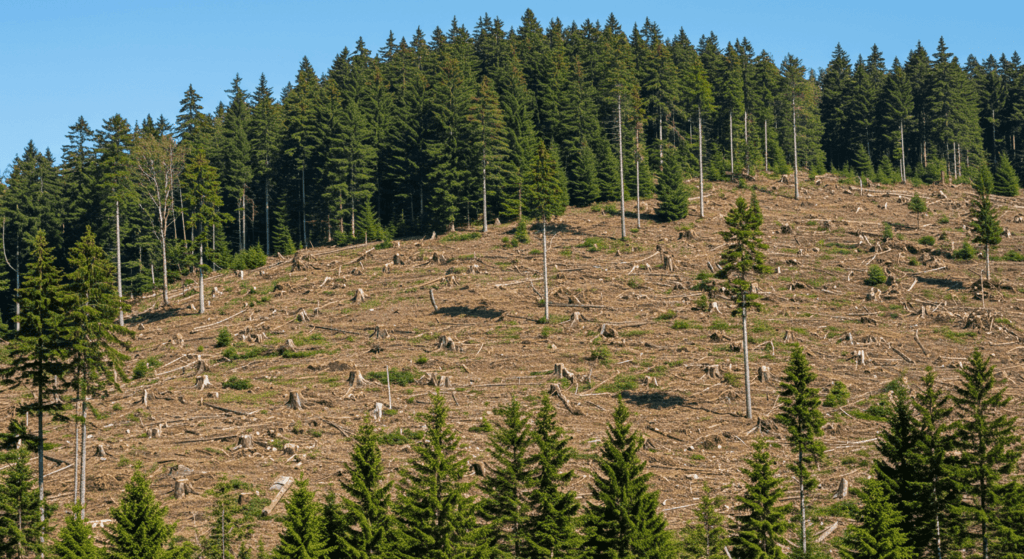 Cómo ha evolucionado la deforestación y qué significa para el medioambiente 2 Colina deforestada con tocones de árboles y zona boscosa en la cima. Imagen de tala de bosques y destrucción ambiental. Fotografía accesible para personas con discapacidad visual. Deforestación Árboles Medio Ambiente.