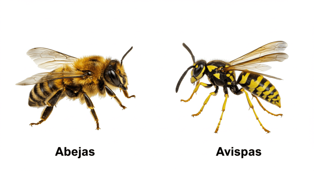 Las abejas y su importancia en el planeta: guardianas del equilibrio ecológico 2 Comparación entre una abeja y una avispa. Imagen ilustrativa que muestra las diferencias físicas entre una abeja melífera y una avispa común, útil para fines educativos y de identificación de insectos.