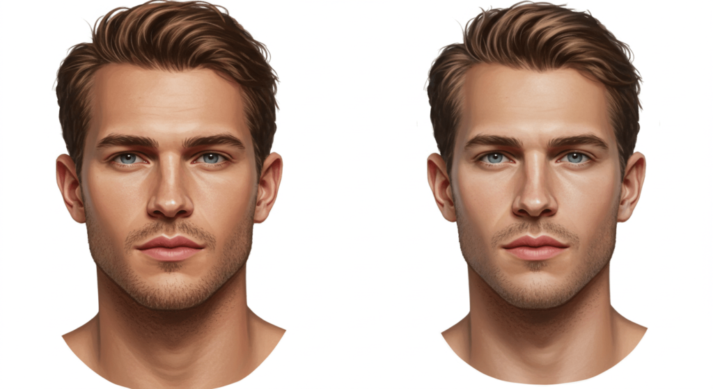 El rostro humano del futuro: ¿Cómo evolucionará nuestra apariencia? 5 Comparación de retratos de hombres con diferentes rasgos faciales. Imagen que muestra dos retratos de hombres, resaltando las diferencias en la forma de la cara, el cabello y otros rasgos. Ilustración de anatomía y morfología facial. Accesibilidad web y SEO.