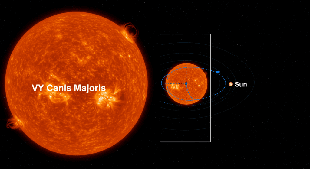 ¿6x1?: ¿Por qué en el periodo de embarazo dan antojos? 2 Comparativa del tamaño de la estrella VY Canis Majoris con el Sol y la órbita terrestre. Ilustración que muestra la inmensidad de VY Canis Majoris en comparación con el Sol, representado como un pequeño punto, y la órbita de la Tierra.