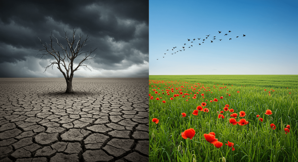 El cambio climático en 100 años: ¿Cómo será el planeta si no actuamos? 2 Ilustración comparativa del cambio climático: sequía versus vida. Imagen que contrasta un paisaje árido y seco con uno fértil y floreciente, resaltando los efectos del cambio climático y la importancia de la sostenibilidad ambiental.