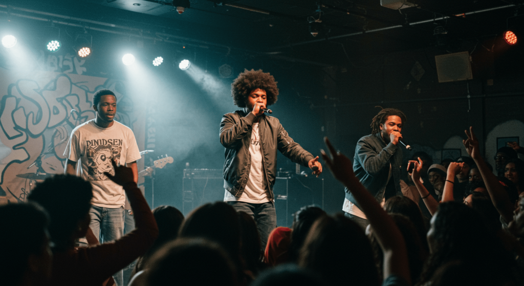 La evolución del rap: de las calles a la cima de la música global 1 "Siluetas de artistas actuando en un concierto ante un público entusiasta. Imagen accesible sobre música en vivo, conciertos y eventos culturales."