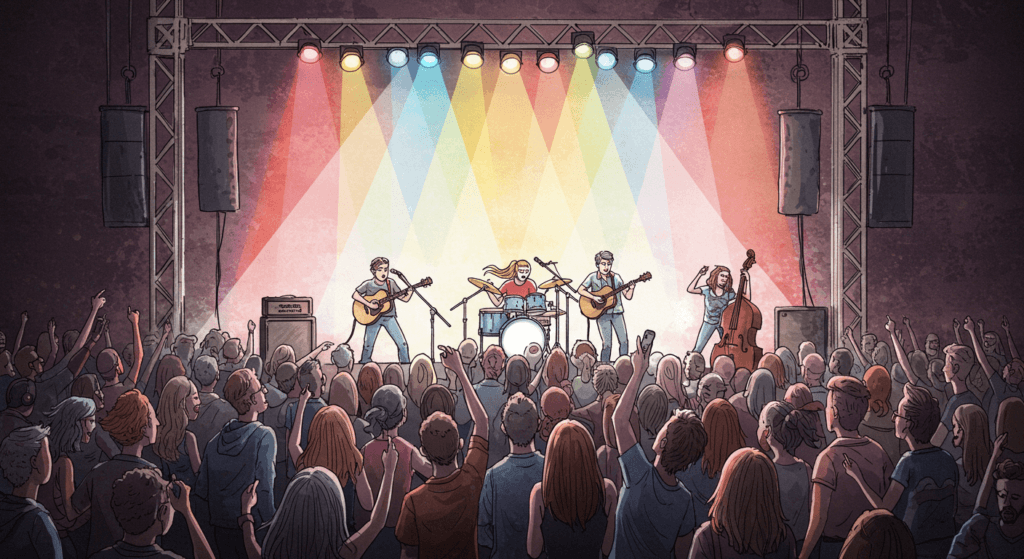 ¿Por qué nos gusta la música? La ciencia detrás de nuestra conexión con el ritmo 5 "Ilustración de una banda de música tocando en vivo en un concierto frente a una multitud. La imagen muestra un ambiente festivo y enérgico, con luces de colores y músicos apasionados. Ideal para contenido sobre música en vivo, festivales y eventos culturales. Diseño accesible y optimizado para buscadores."