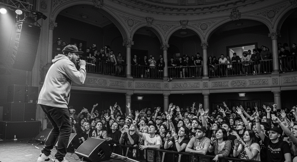 La evolución del rap: de las calles a la cima de la música global 2 "Fotografía en blanco y negro de un rapero actuando en un concierto ante un público entregado. Imagen accesible sobre hip hop, música en vivo y eventos culturales."