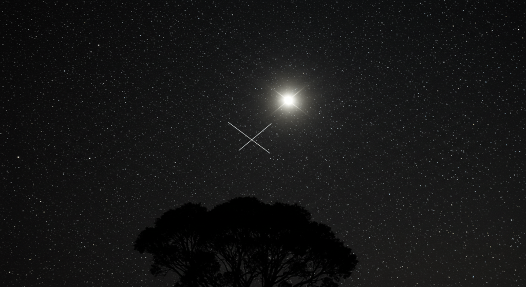 Cómo explorar el cielo nocturno: constelaciones y planetas a simple vista 2 Imagen nocturna con la constelación Crux (Cruz del Sur) visible en el cielo estrellado. Un árbol silueteado en primer plano y la luna brillan entre sus ramas. Fotografía astronómica para amantes del cosmos.